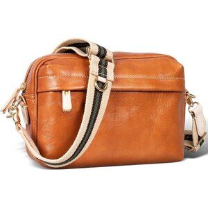 Leather Crossbody Bag Full-Grain Orange Brown Retro Style Camera Messenger